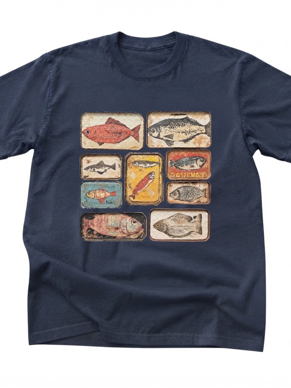 Sardine Cans Fish Graphic Tee Navy Blue Tip Gildan T-shirt